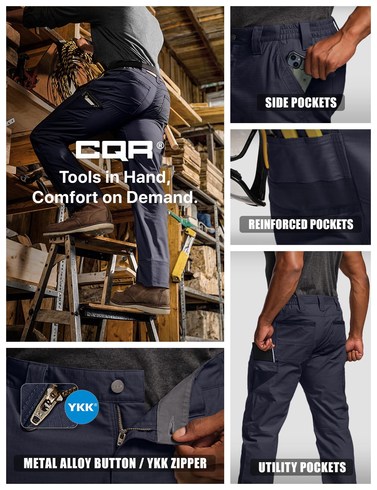 CQR navy fabric close-up reveals durable polyester-cotton blend.