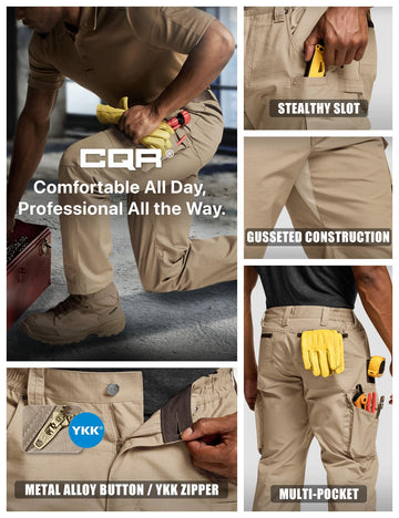 CQR men's quick dry work pants water-resistant fabric in rain test.