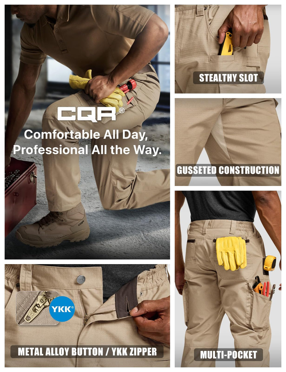 CQR men's quick dry work pants water-resistant fabric in rain test.