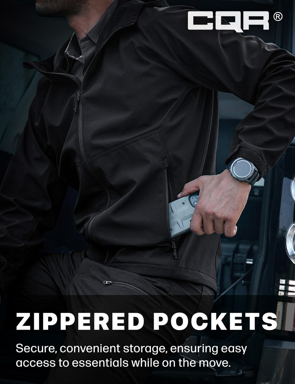 CQR men's tactical softshell jacket durable fabric close-up for long-lasting outdoor use.