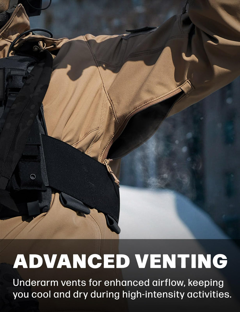 CQR weather-ready softshell material provides durable protection in diverse conditions.