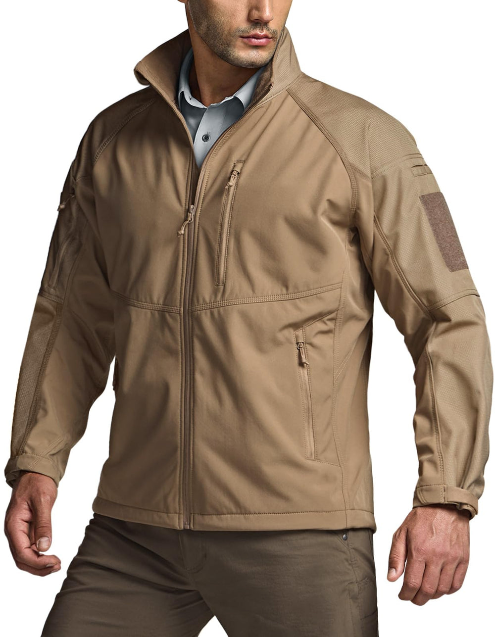 CQR Men's Tactical Softshell Jacket front view in Operator X Coyote for versatile outdoor wear.