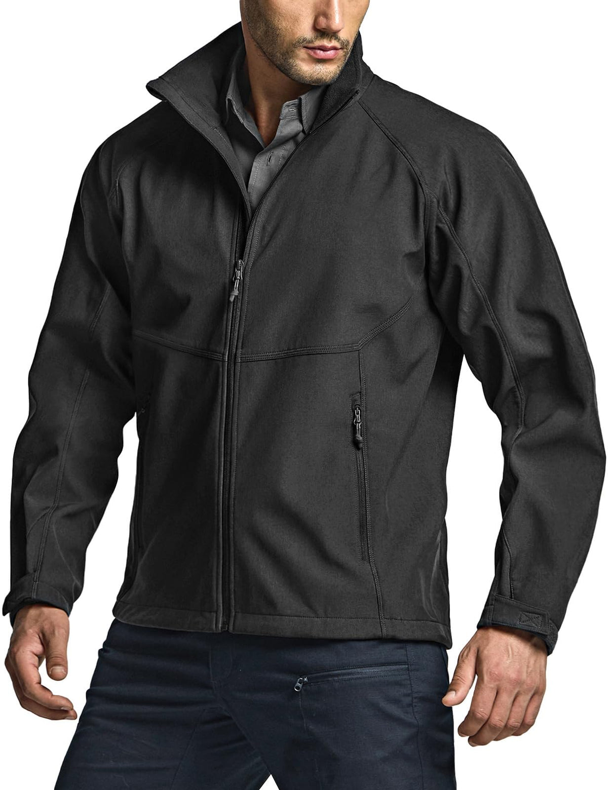 CQR men's tactical softshell jacket front view for rugged outdoor use and mobility.
