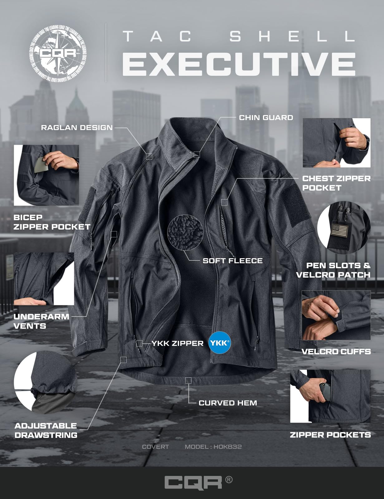 CQR Operator X jacket in rain-like setting hints water resistance.