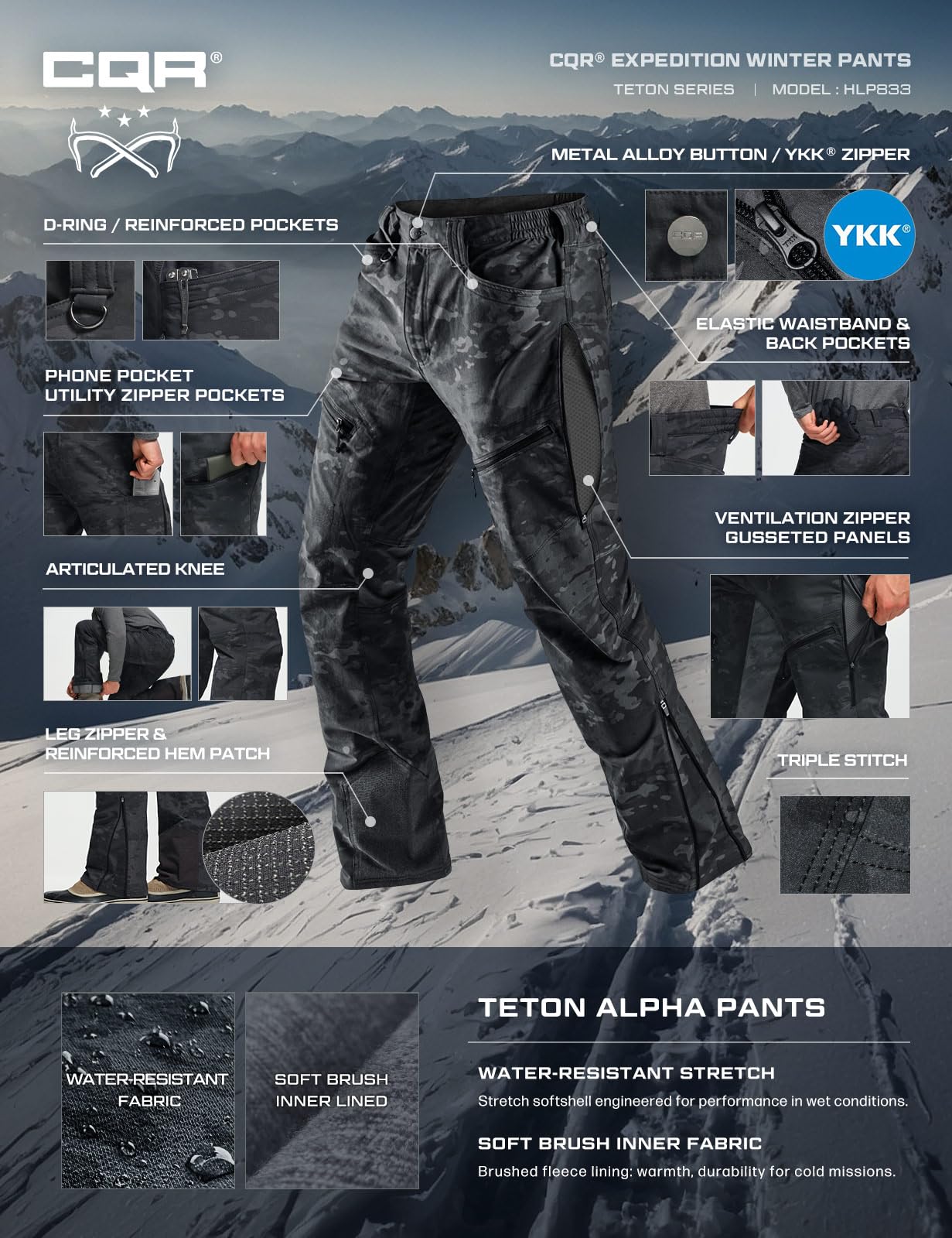 CQR Men’s Teton softshell pants articulated knees improve hiking mobility.