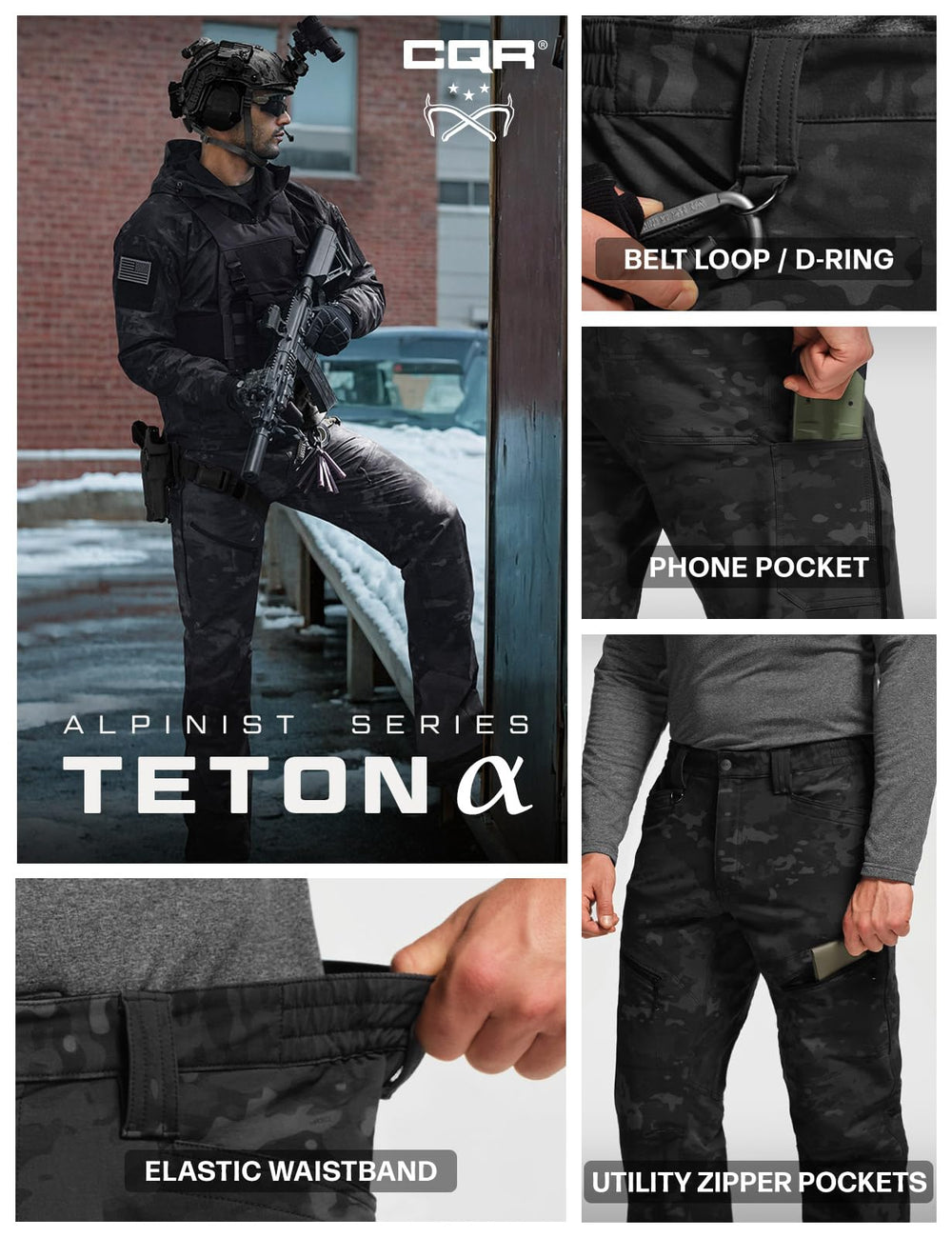 CQR Men’s Teton softshell pants multiple pockets for gear access.