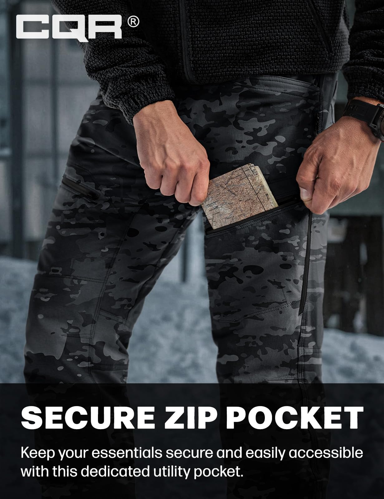 CQR Men’s Teton softshell pants reinforced knee panels endure rugged trails.