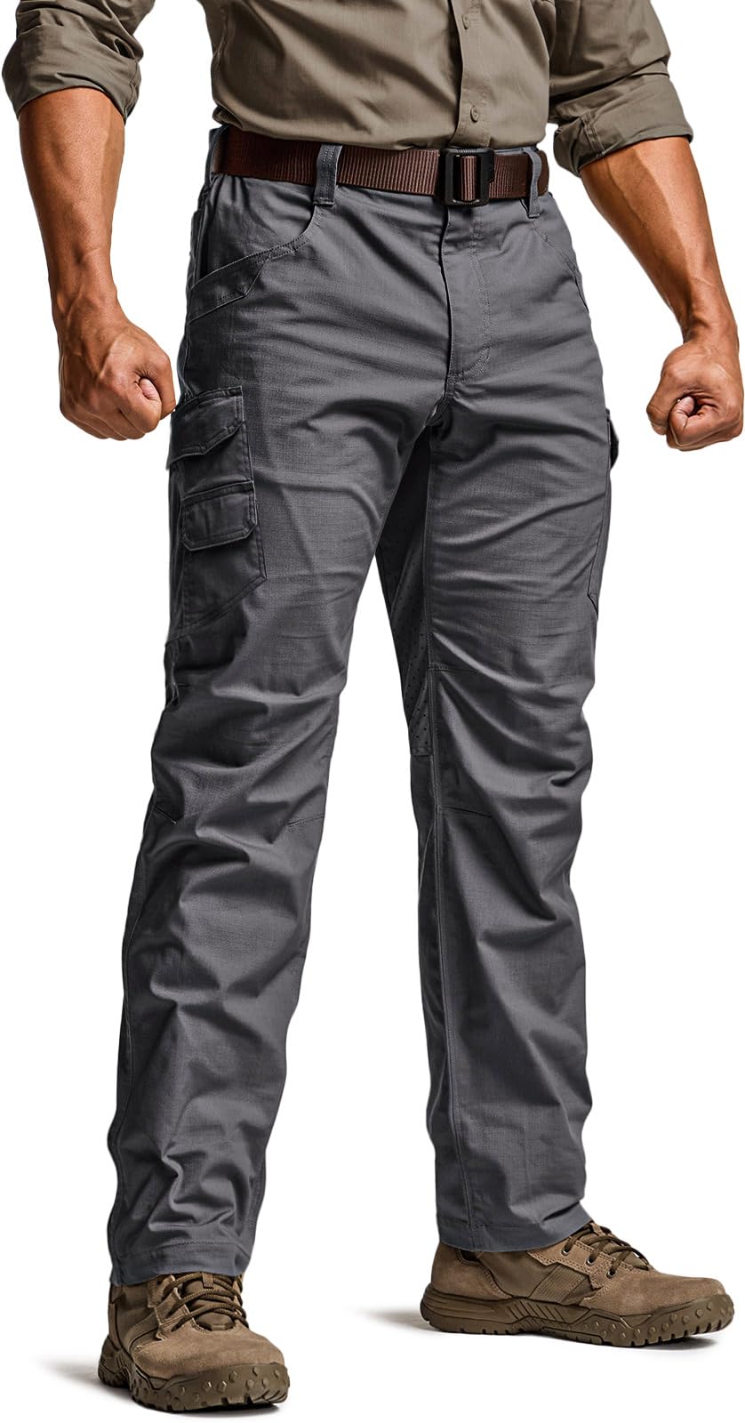 CQR men's utility flex cargo pants front view shows stretchy fabric for easy movement.
