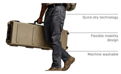 CQR pants stretch fabric closeup emphasizes flex mobility.