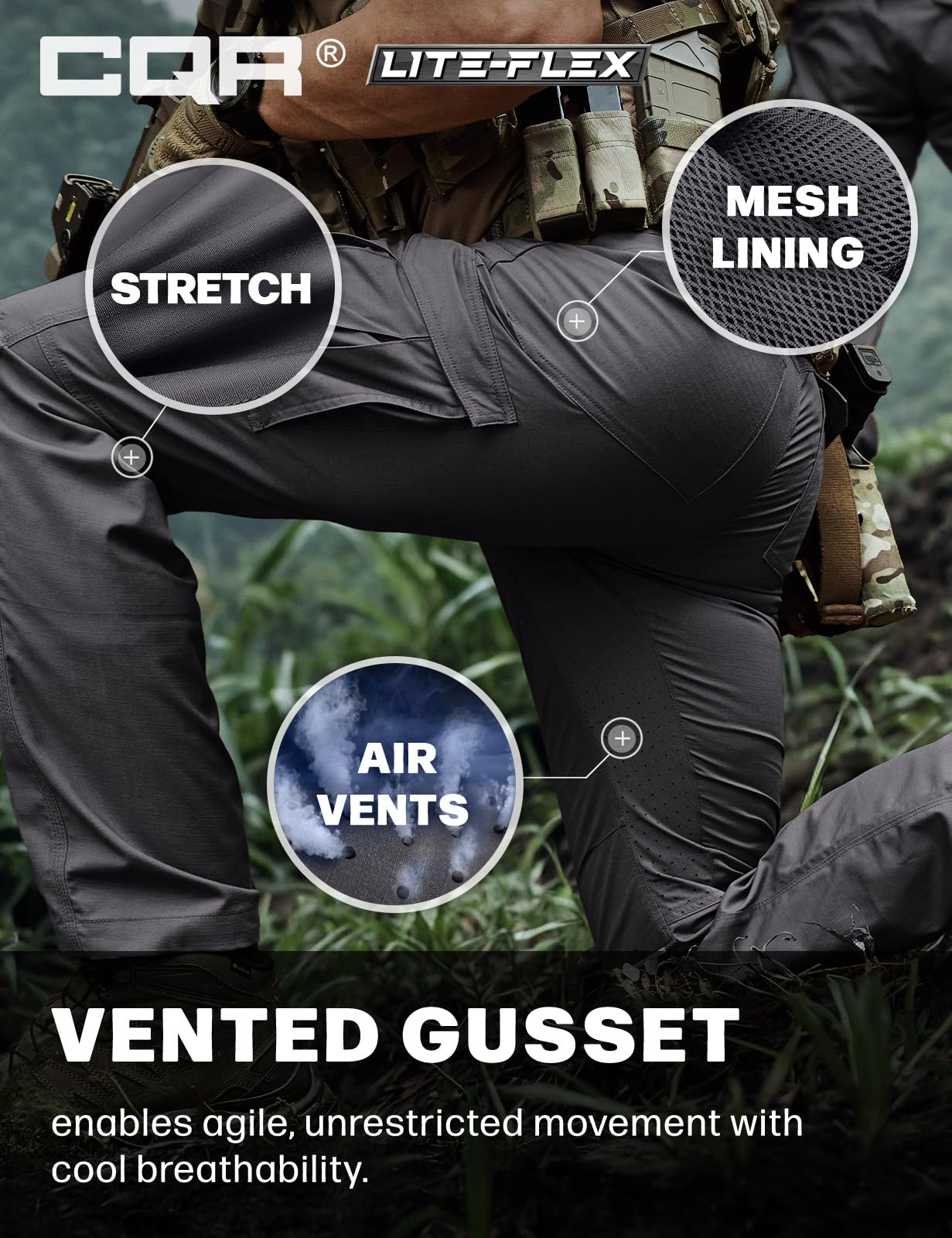 CQR Men's Utility Flex Cargo Pants waistband closeup for secure fit