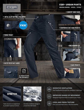 CQR Men's Vent Stretch Pants Cityscape Series styling for urban outings
