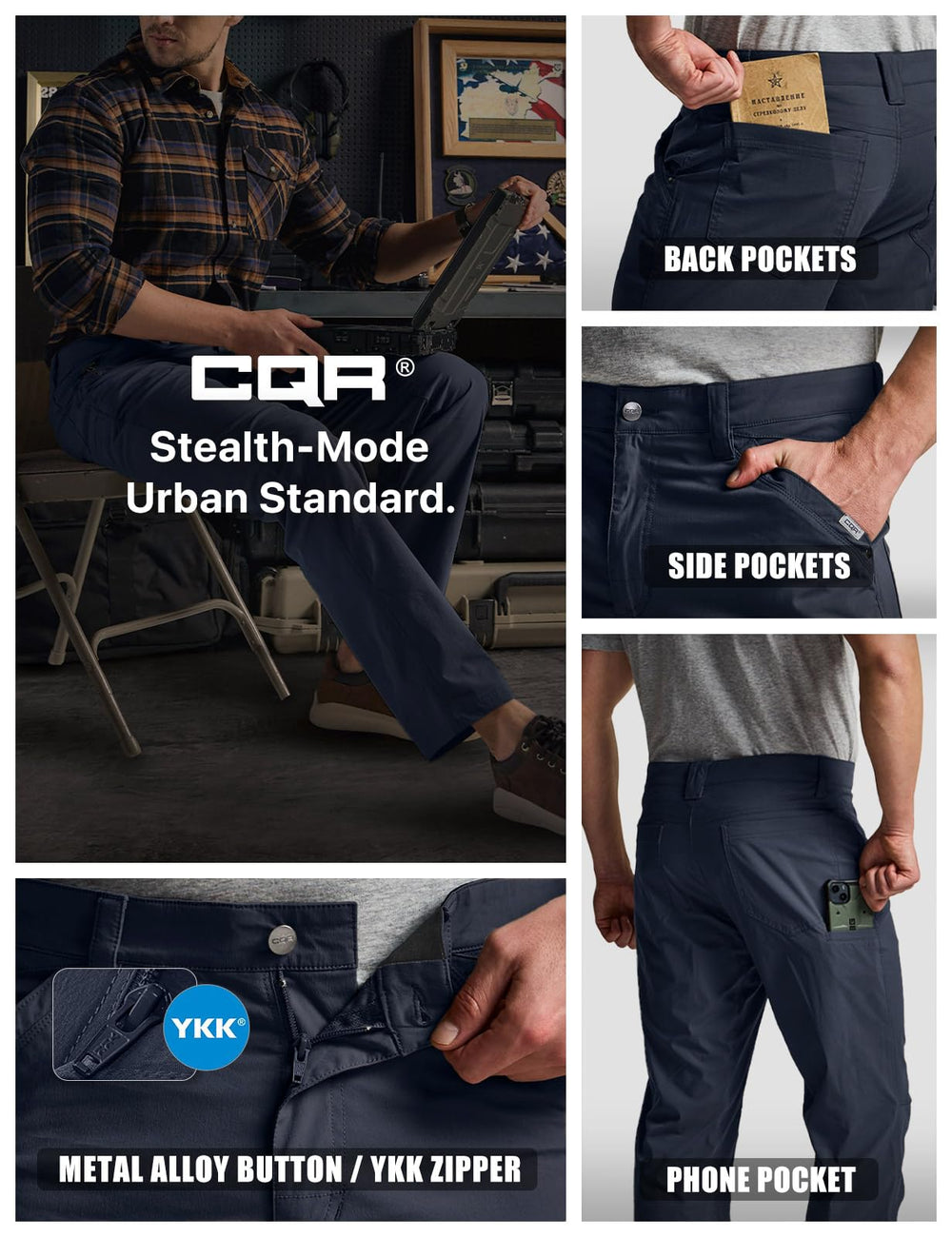 CQR Sedona urban navy pant on model emphasizes urban versatility and style