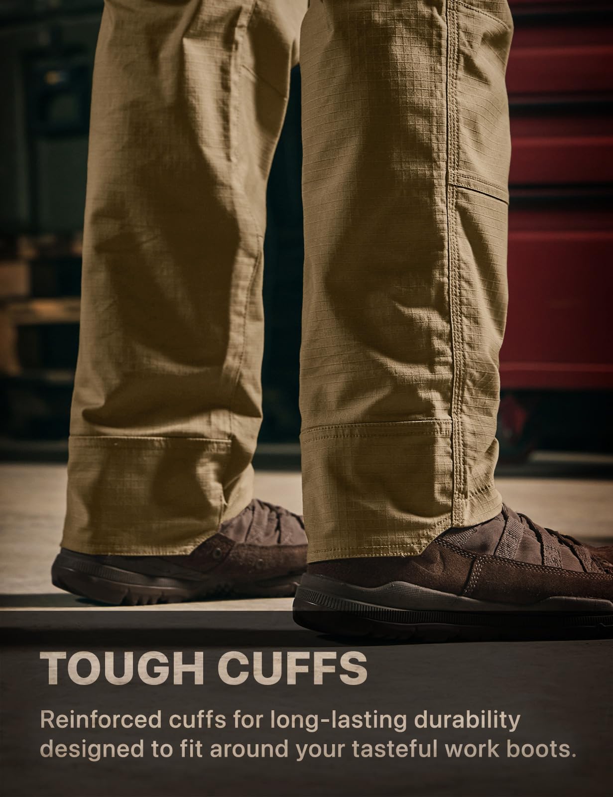 CQR work pants multi-pocket design shows practical tool-carrying without hand strain