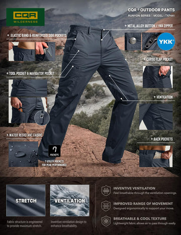 CQR Navy cargo pants styled for rugged outdoor adventures.