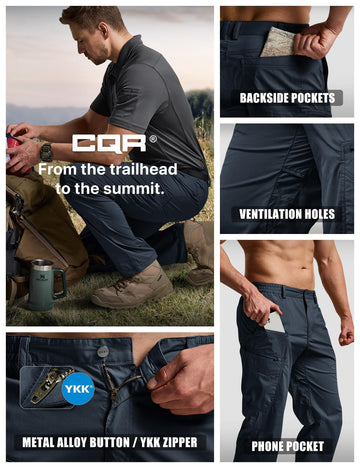 CQR Outdoor pants worn during hiking and cycling scenarios.