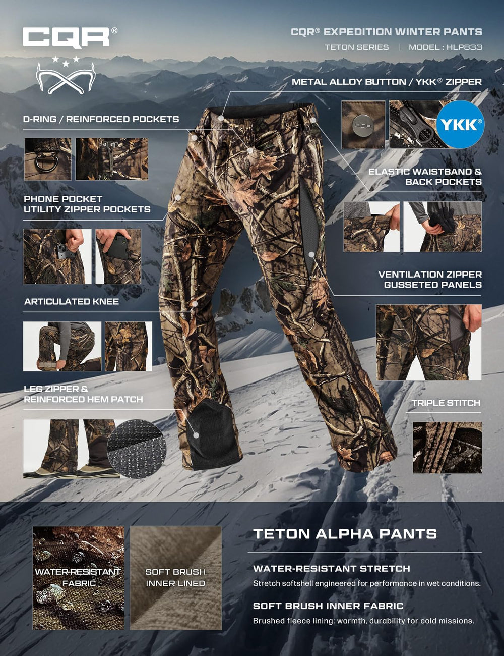 CQR Teton softshell pants designed for snow and ski use with mobility.
