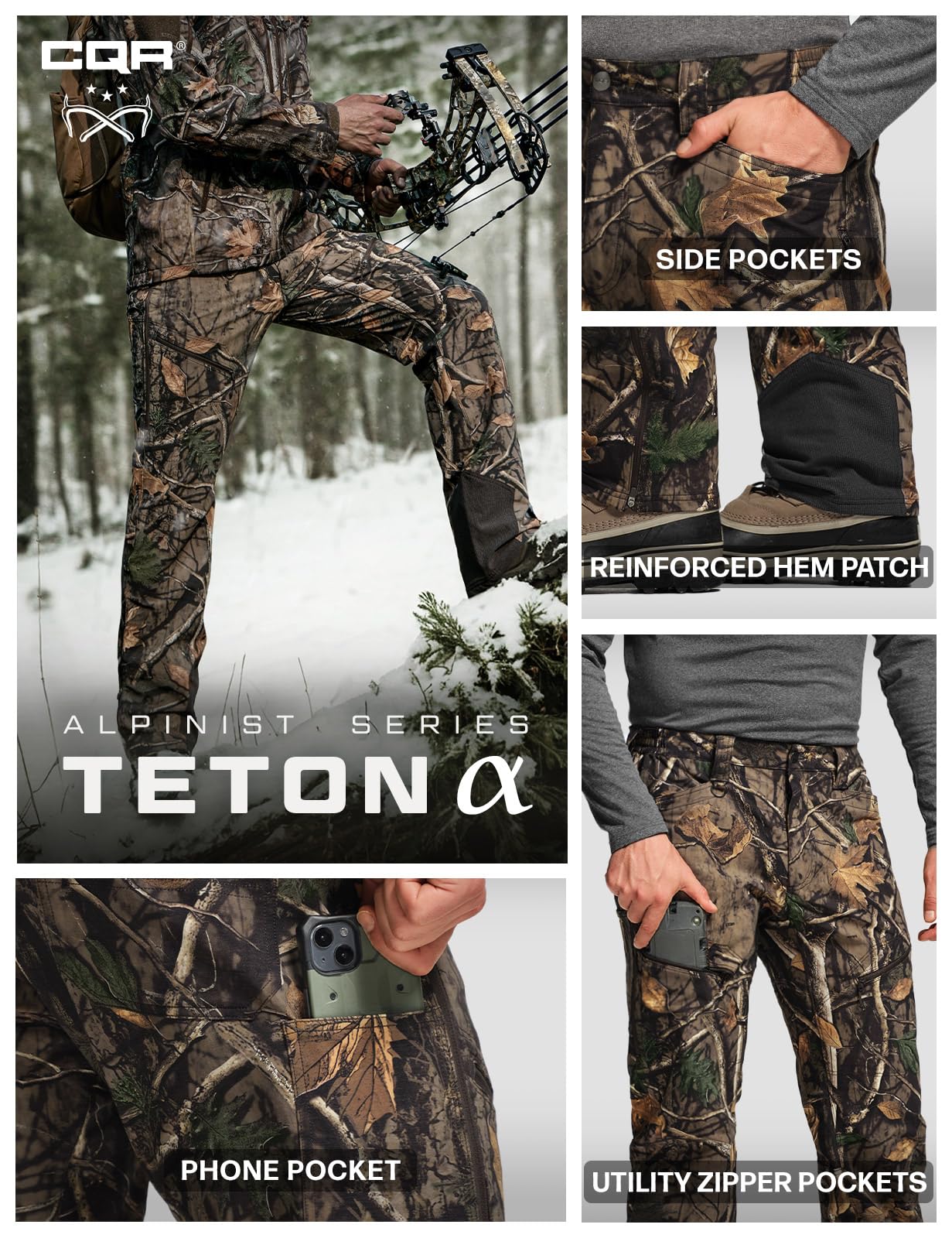 CQR Teton softshell pants reveal zippered pockets for quick gear access.