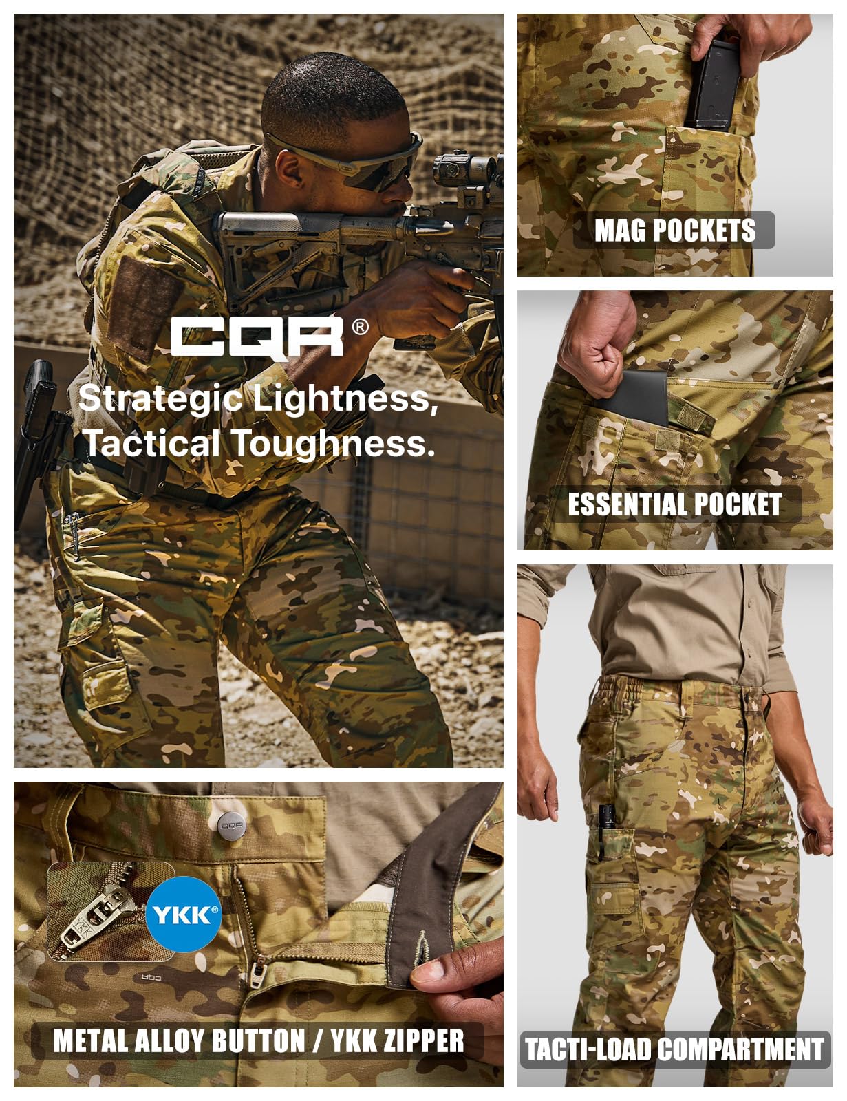 CQR Tac Camouflage finish blends into outdoor environments for versatile wear
