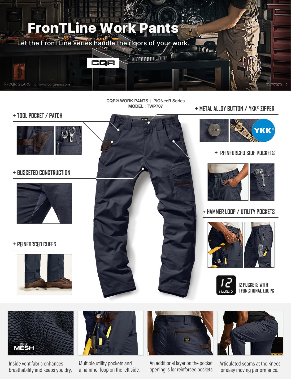 CQR work pants 3d body geometry fit highlights mobility and comfort.