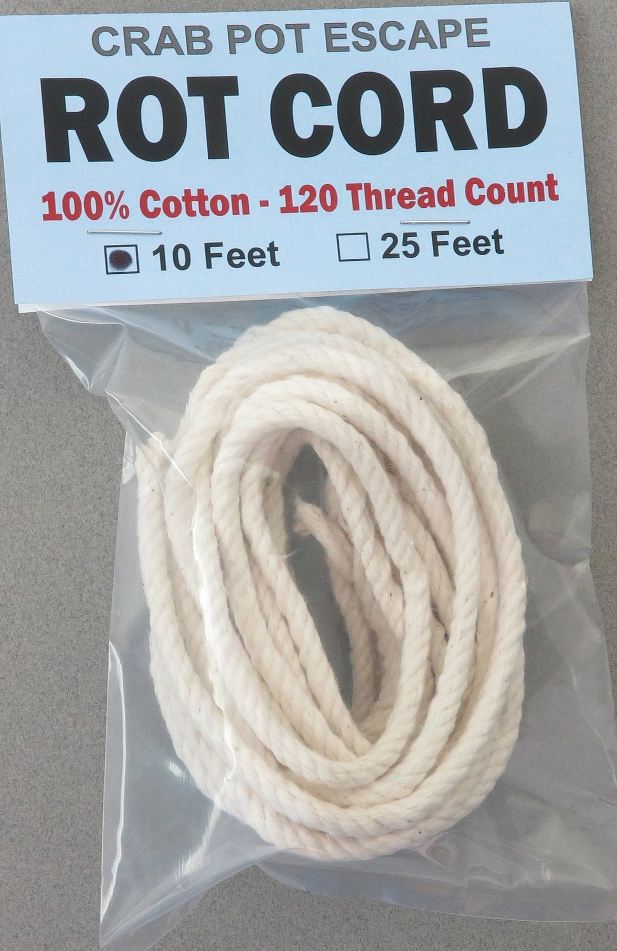 10 ft biodegradable crab pot escape cord, 100% cotton, 120 thread count