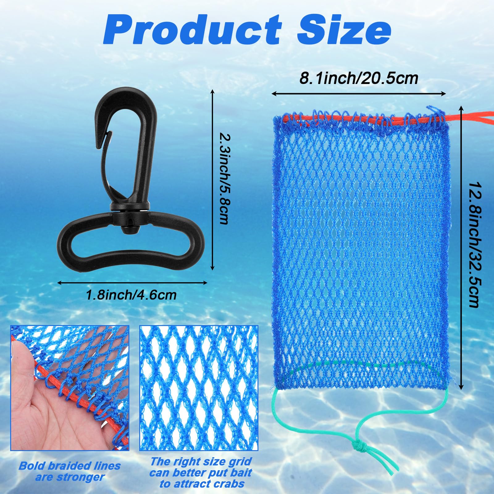 Close-up of blue nylon mesh crab bait bag