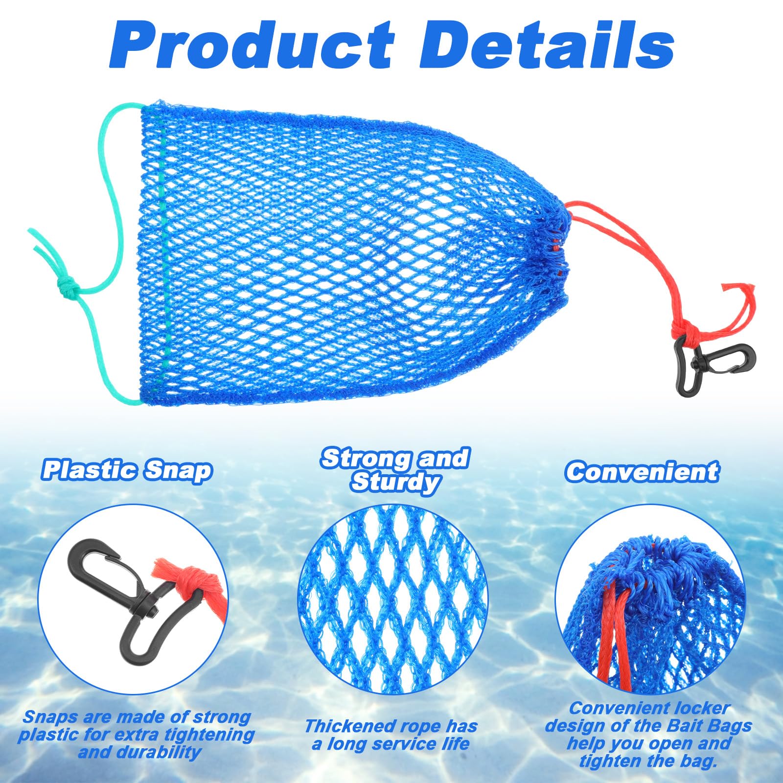 Six blue bait bags and six black hooks for crabbing