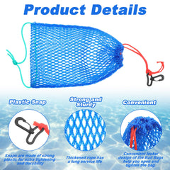 Six blue bait bags and six black hooks for crabbing