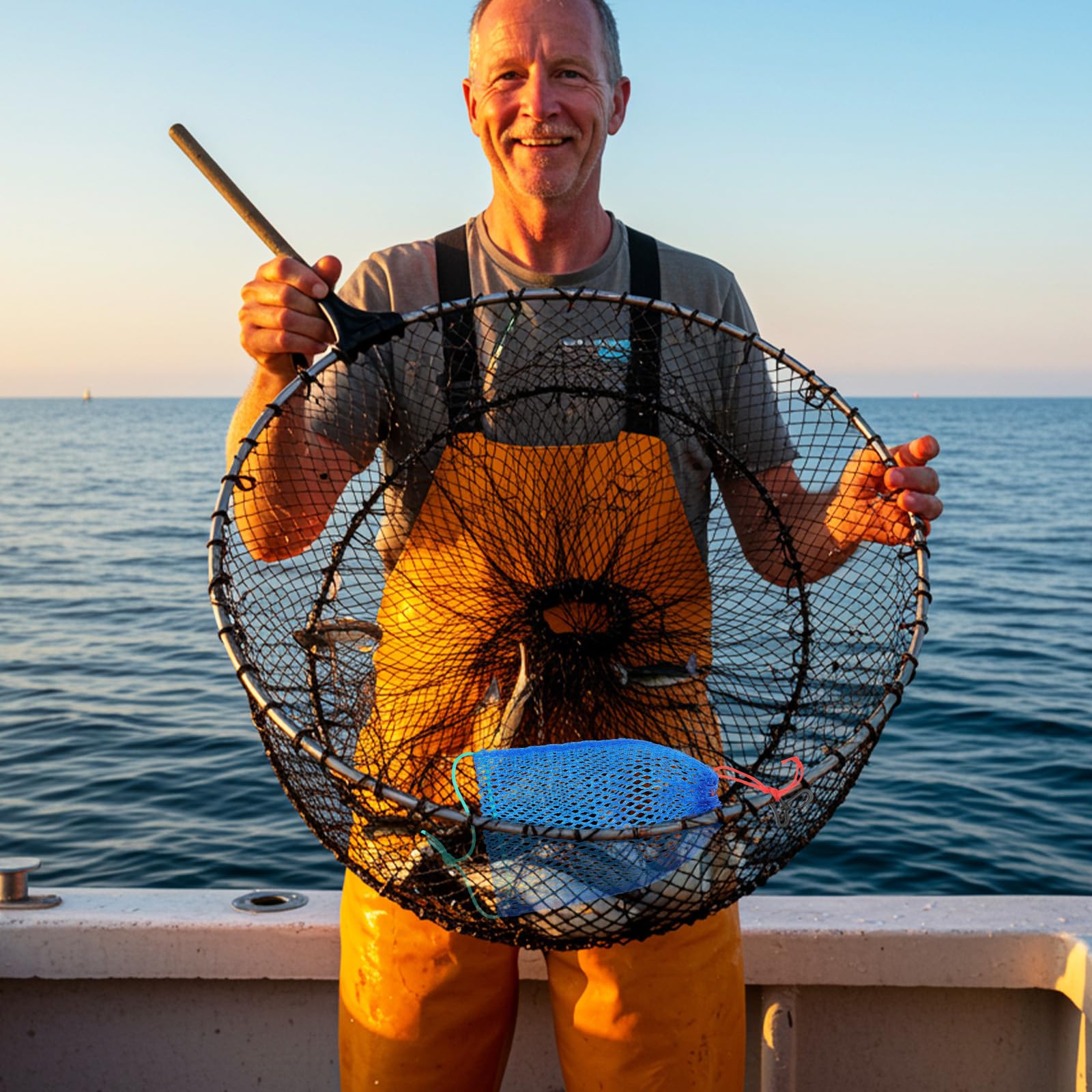 Outdoor fishing setup showing crab trap with bait bags