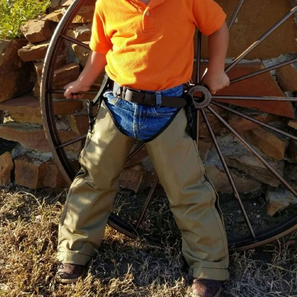 Crack Shot Youth Snake Guard Chaps khaki front view, durable protection for outdoor activities.
