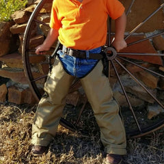 Crack Shot Youth Snake Guard Chaps khaki front view, durable protection for outdoor activities.