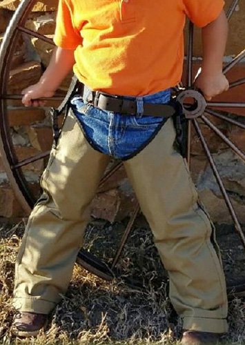Crackshot Youth Snake Chapz in khaki tan, calf-to-thigh coverage for outdoors.