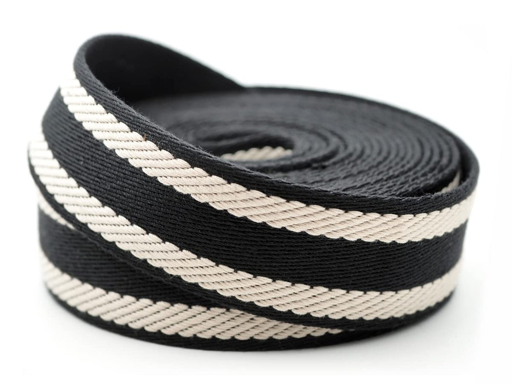 Craftmemore cotton webbing strap with spiral black-ivory pattern for versatile crafts.