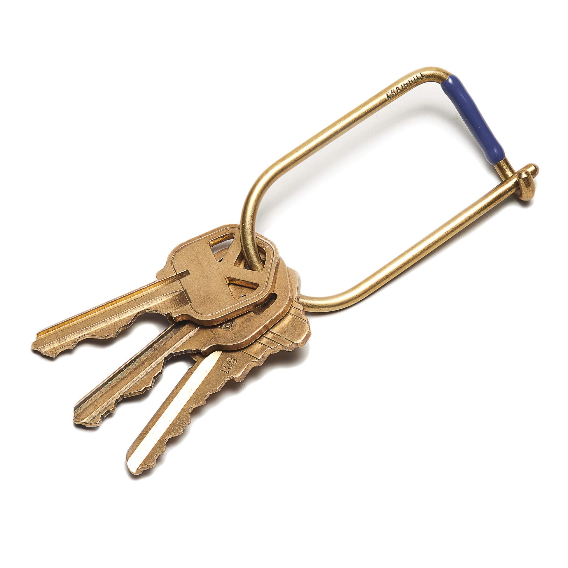 Craighill Wilson brass keyring with blue stripe, compact and durable for daily key organization.