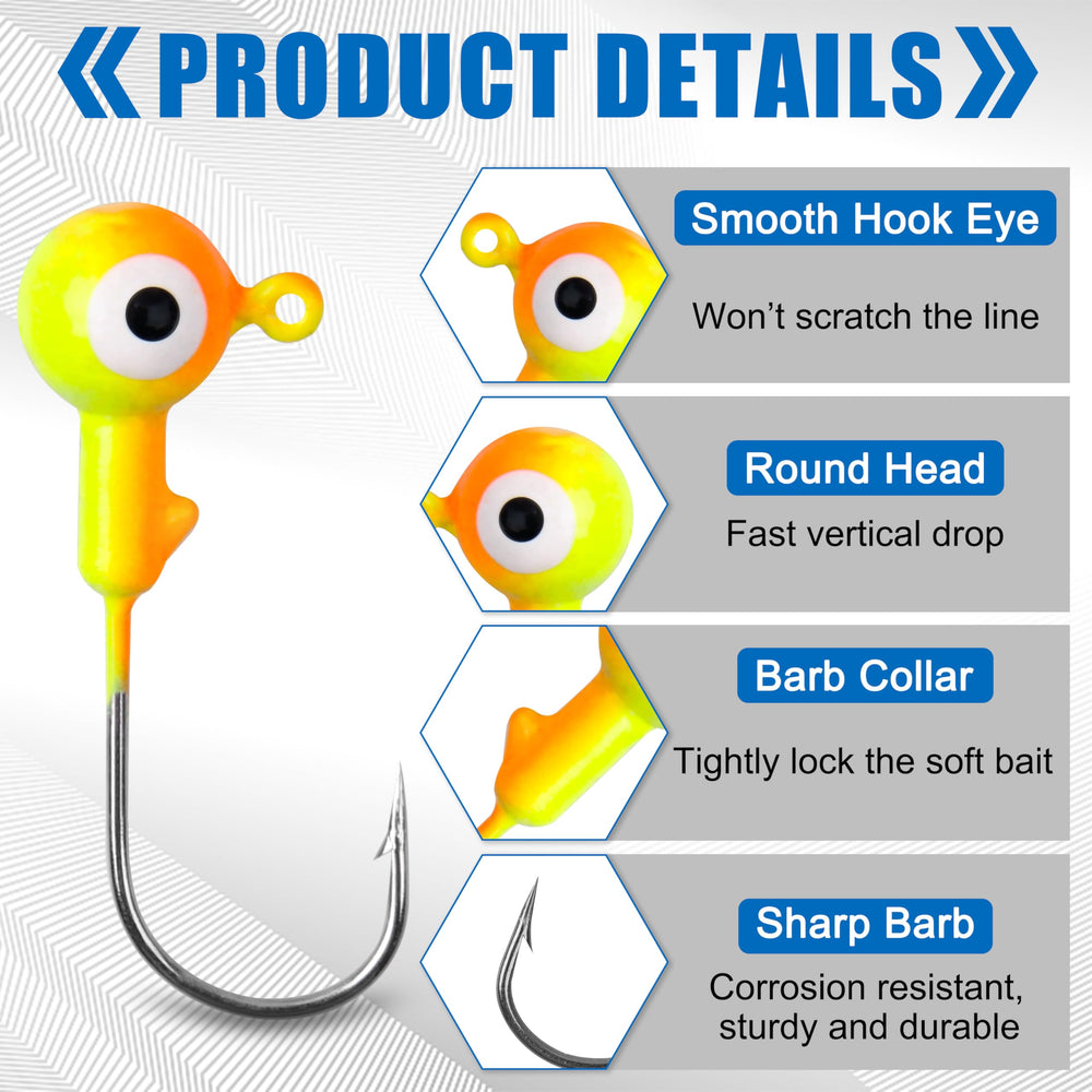 Close-up of painted round ball jig heads showing vibrant colors