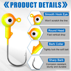 Close-up of painted round ball jig heads showing vibrant colors