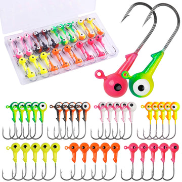 Crappie jig heads assortment in a plastic tackle box