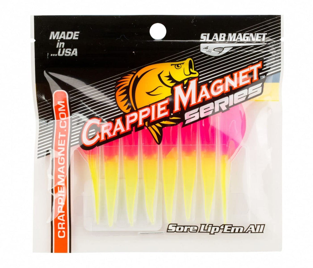 Crappie Magnet pink chartreuse 8-pack lures ready for casting and vertical jigging.