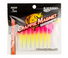 Crappie Magnet pink chartreuse 8-pack lures ready for casting and vertical jigging.