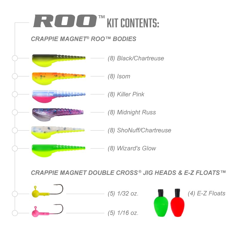 Roo Kit design with shad belly and split-tail for crappie appeal