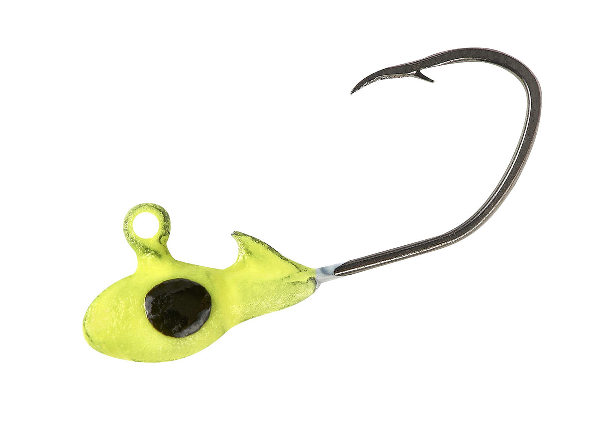 Crappie Pro Overbite Sickle Mo'Glo jig head glowing chartreuse for night fishing.