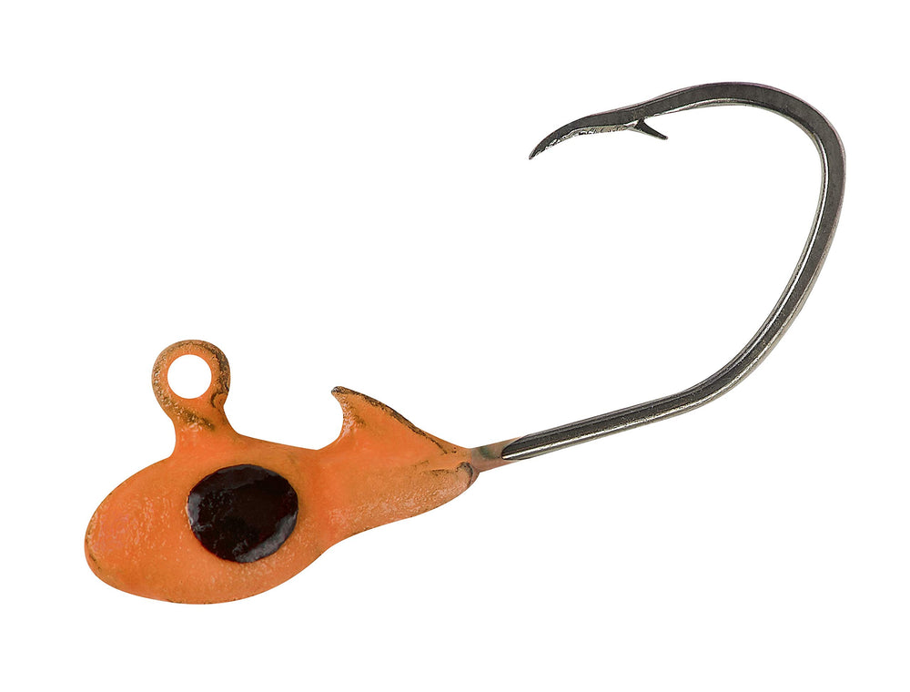 Crappie Pro Overbite Sickle Moglo Jig Head in orange glow attracts crappie