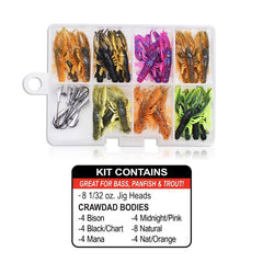 Close-up of 36-piece crawfish imitation fishing kit components