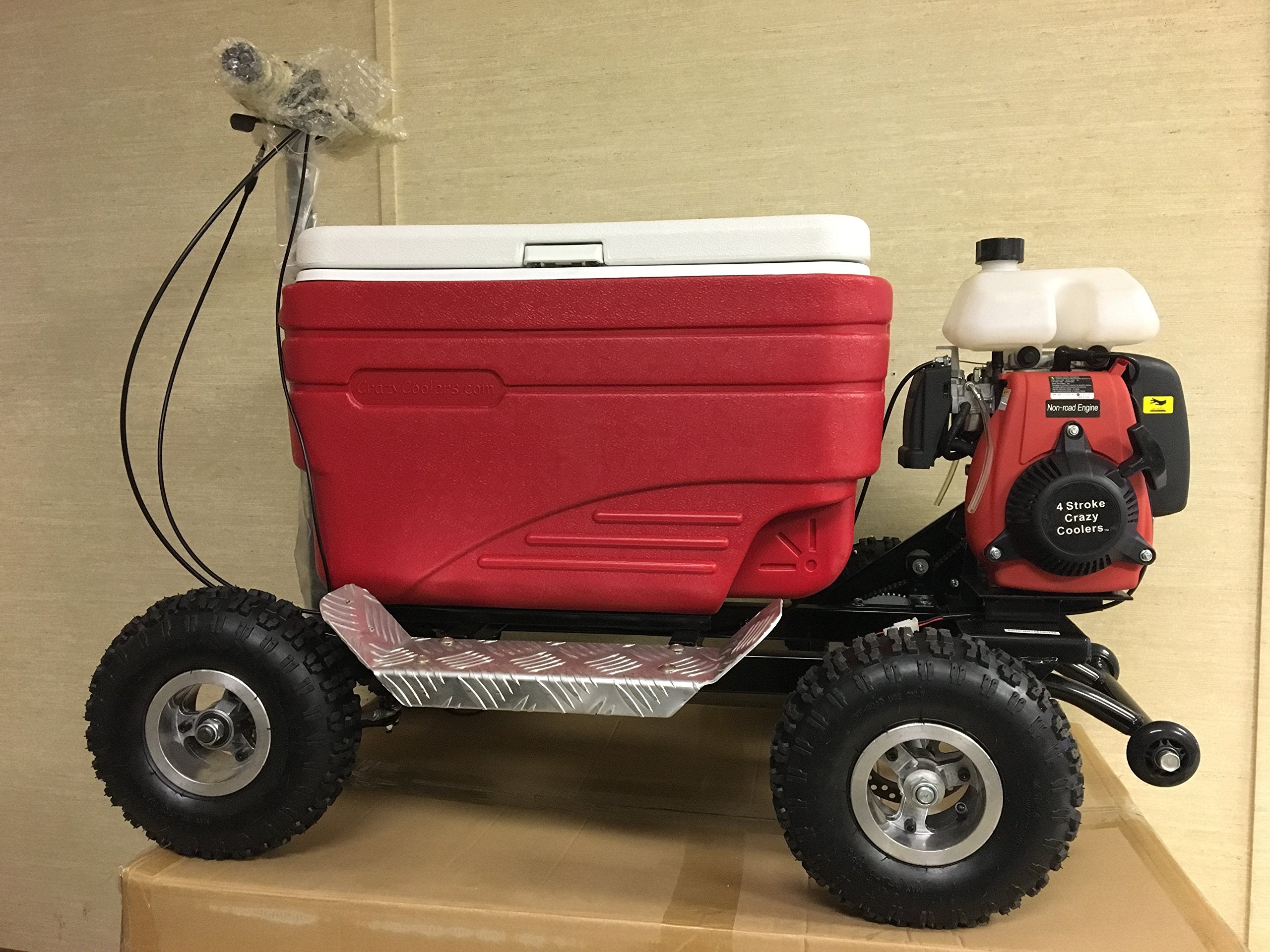Crazy Coolers all-terrain knobby tires provide traction in mud, snow, and sand.