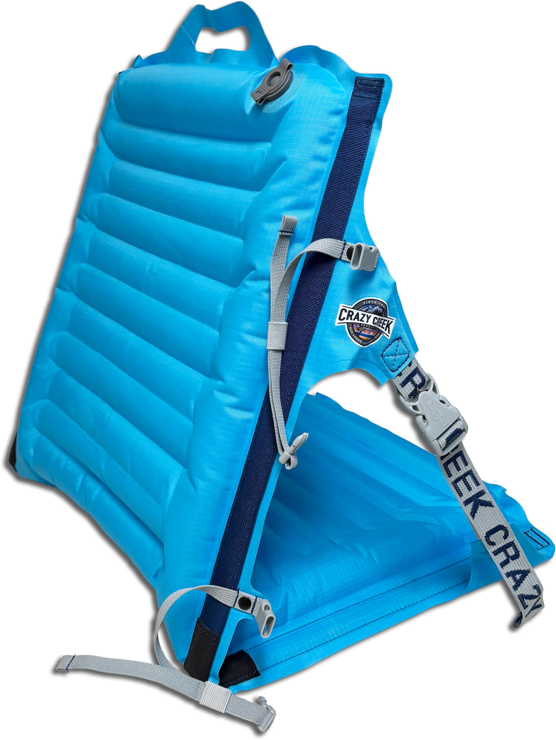 Crazy Creek AirCliner Original inflated chair in Big Sky Blue for comfortable beach lounging.