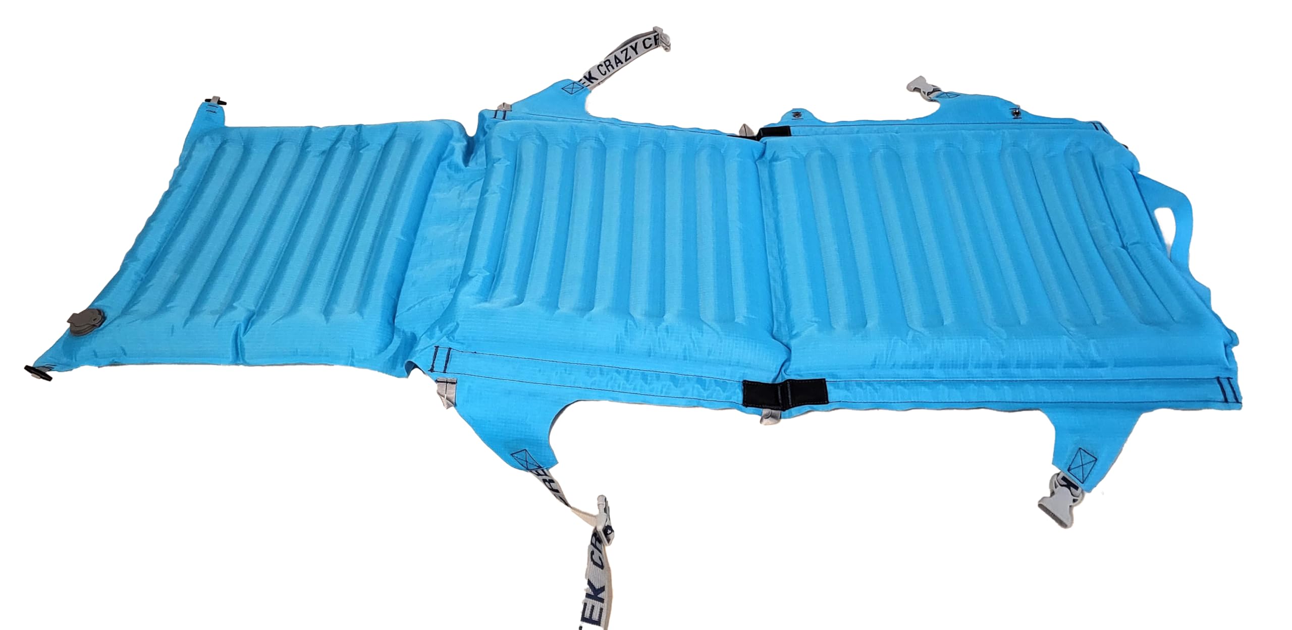 Crazy Creek AirLounger double-seat cushion mode supports lounging with a friend.