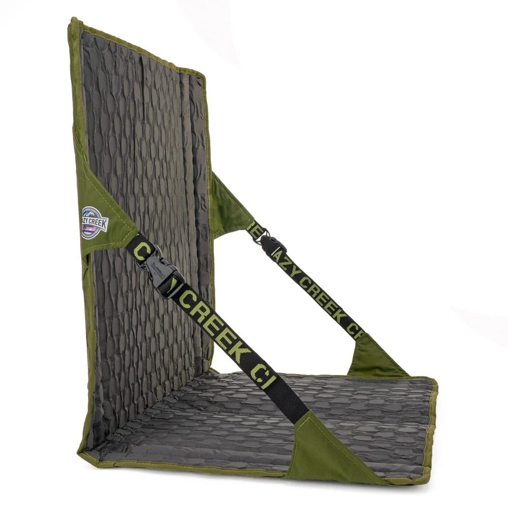 Crazy Creek HEX 2.0 LongBack chair at stadium seat for relaxed viewing.