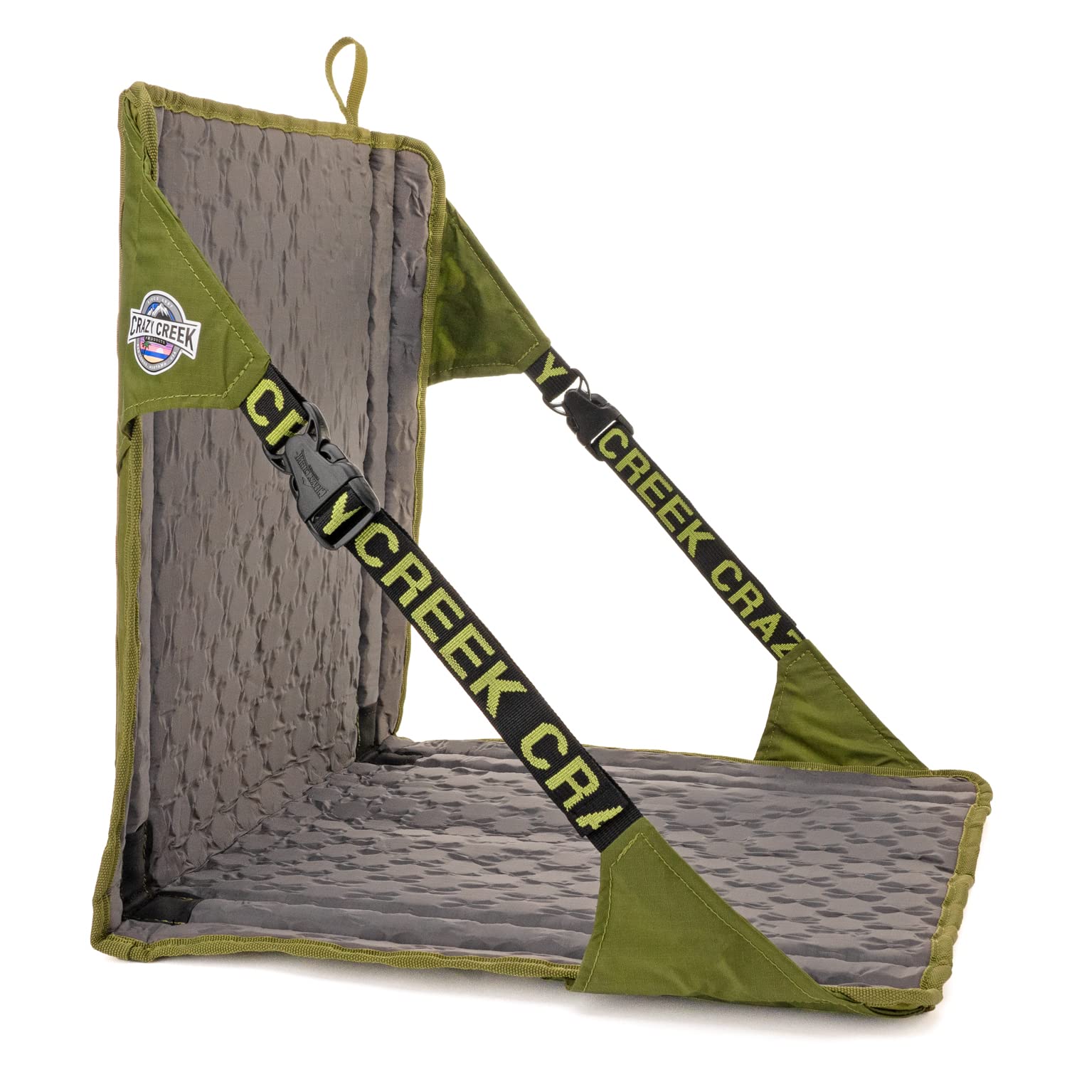 Crazy Creek HEX 2.0 olive slate color blends outdoors.