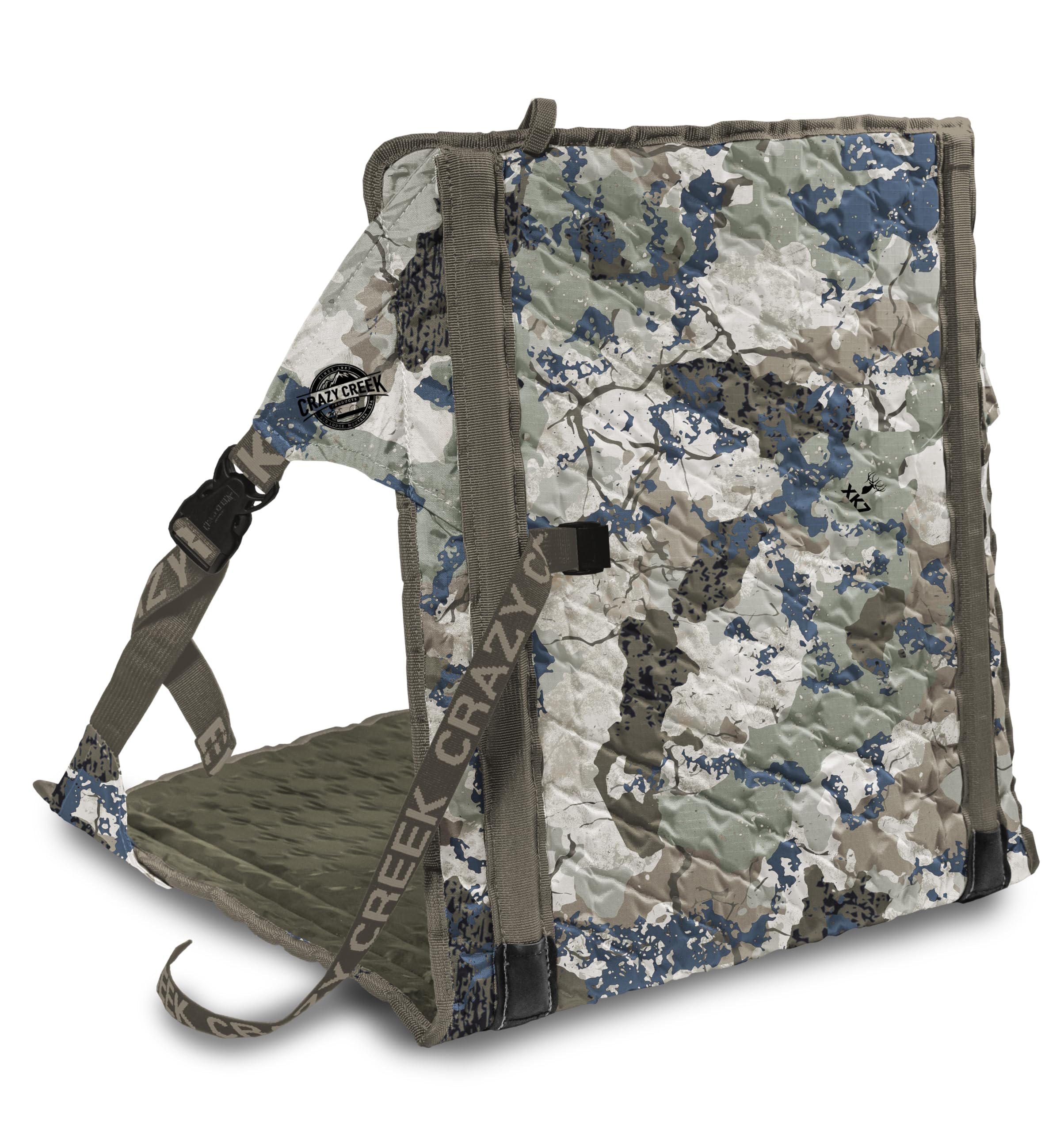 Crazy Creek Kings Camo HEX 2.0 chair folded for ultralight portability
