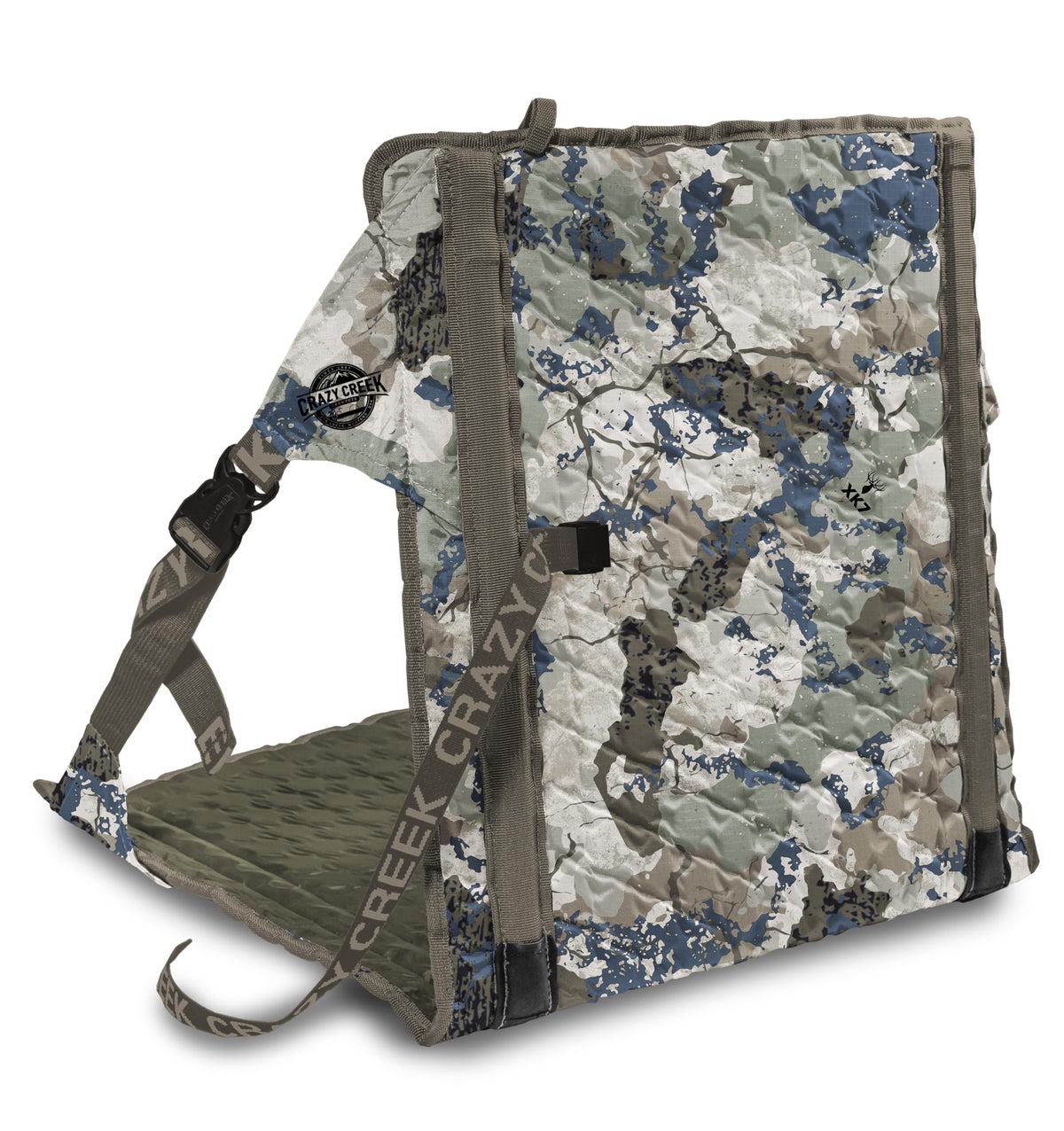 Crazy Creek Kings Camo HEX 2.0 chair folded for ultralight portability