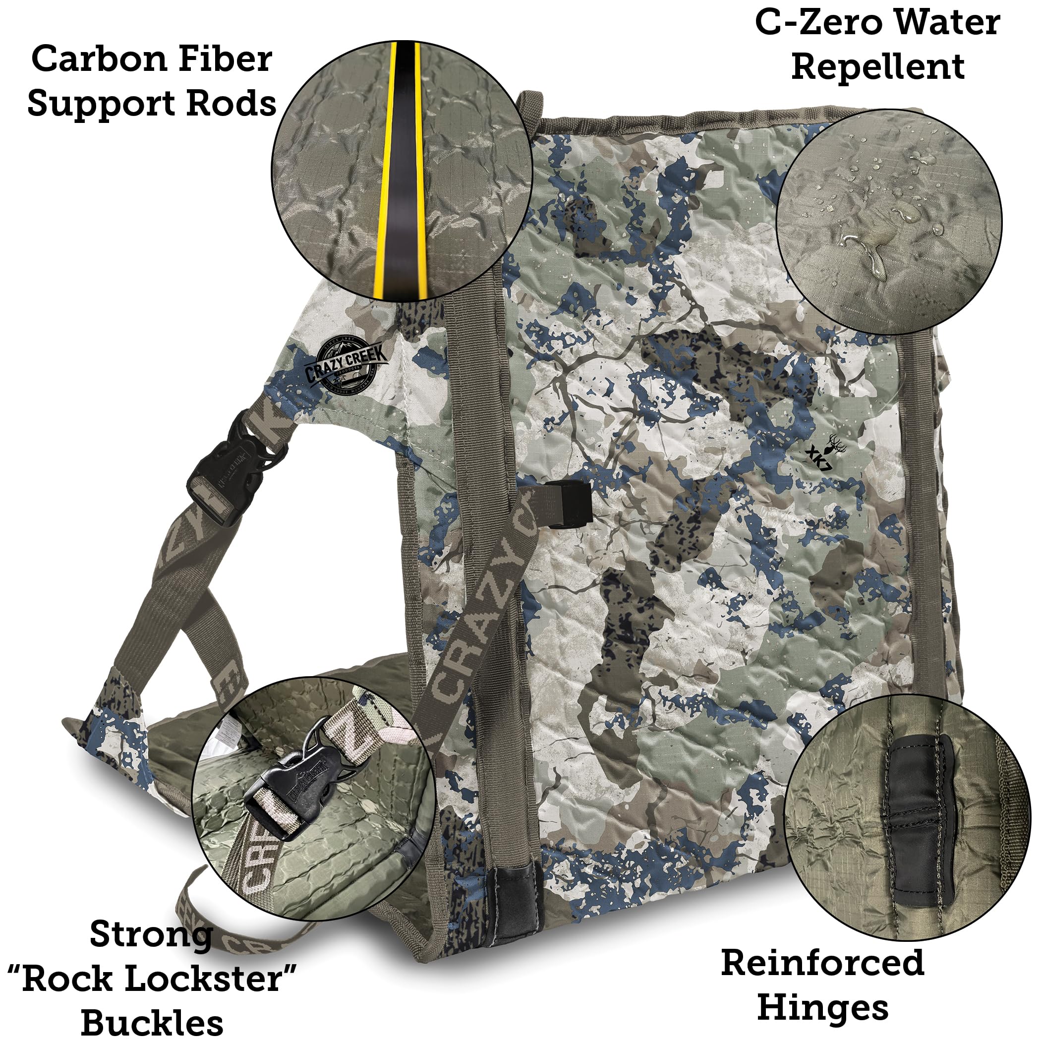 Crazy Creek Kings Camo HEX 2.0 chair outer shell resists moisture for damp days